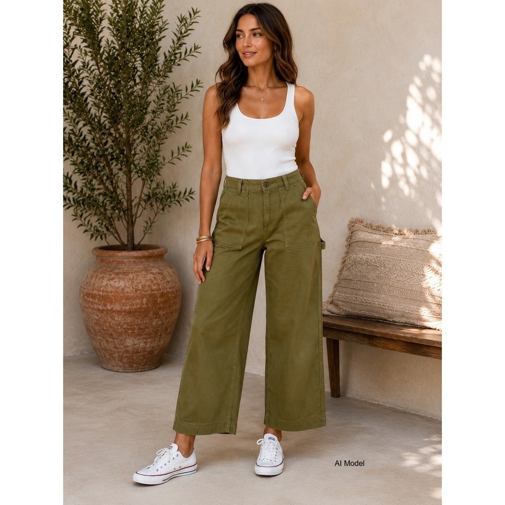 New High-Rise Wide Leg Carpenter Pants Olive Green Womens 6 Coastal Euro Boho